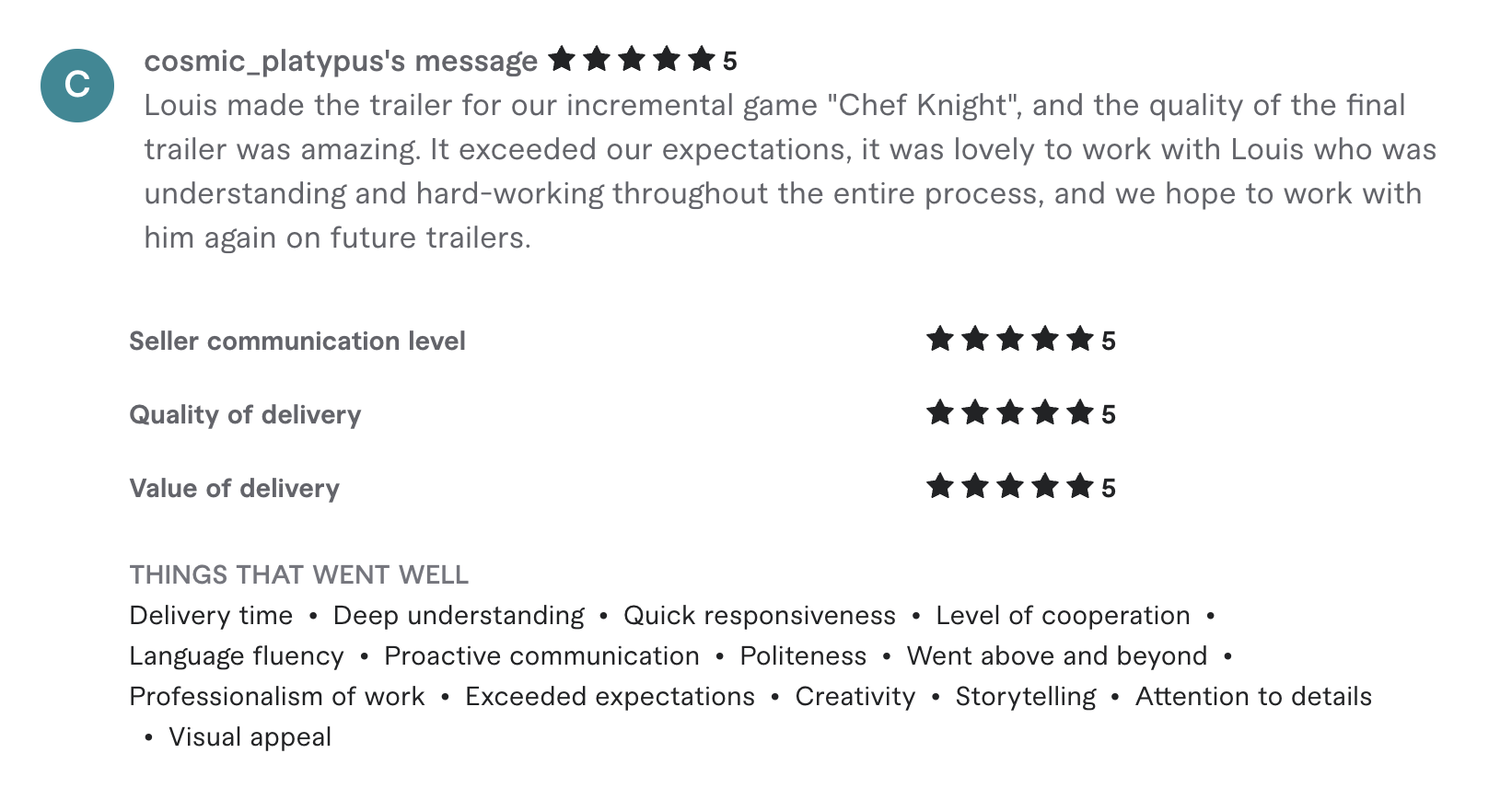 Five-star client review for the Chef Knight trailer