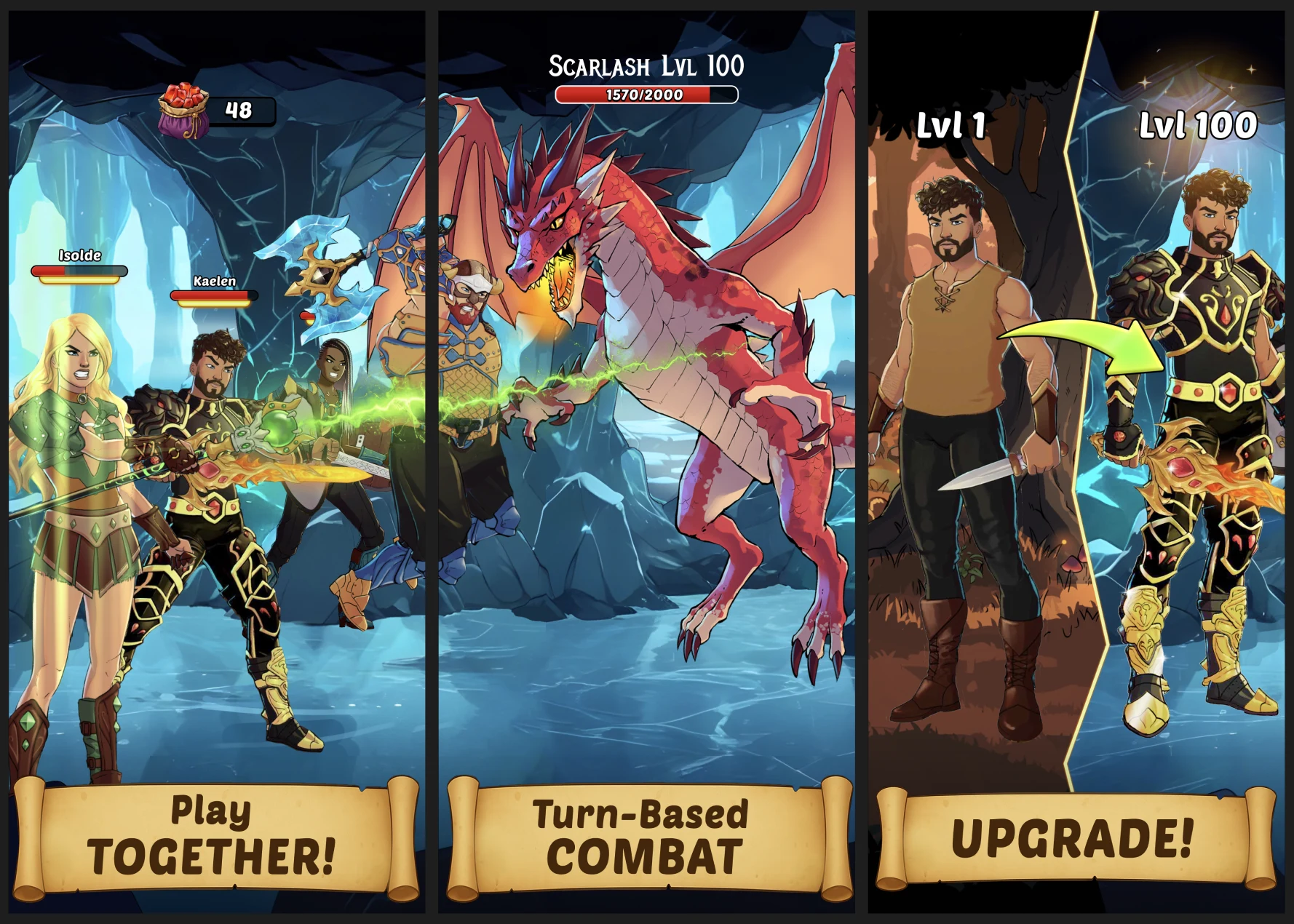 Earlier Heroes of Fortune portrait screenshots showing team play, turn-based combat, and upgrades