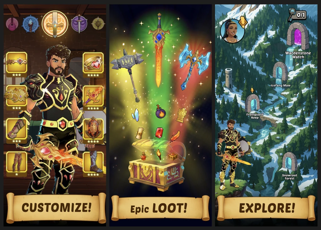 Earlier Heroes of Fortune portrait screenshots focused on customization, loot, and map exploration